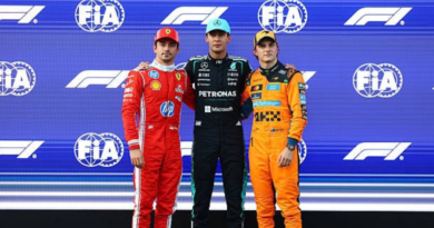 Foto do George Russell, da Mercedes, Charles Leclerc da Ferrari e Oscar Piastri da McLaren