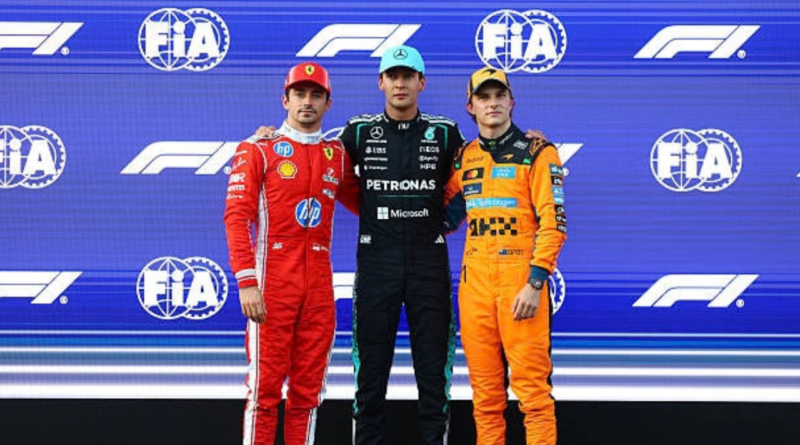 Foto do George Russell, da Mercedes, Charles Leclerc da Ferrari e Oscar Piastri da McLaren